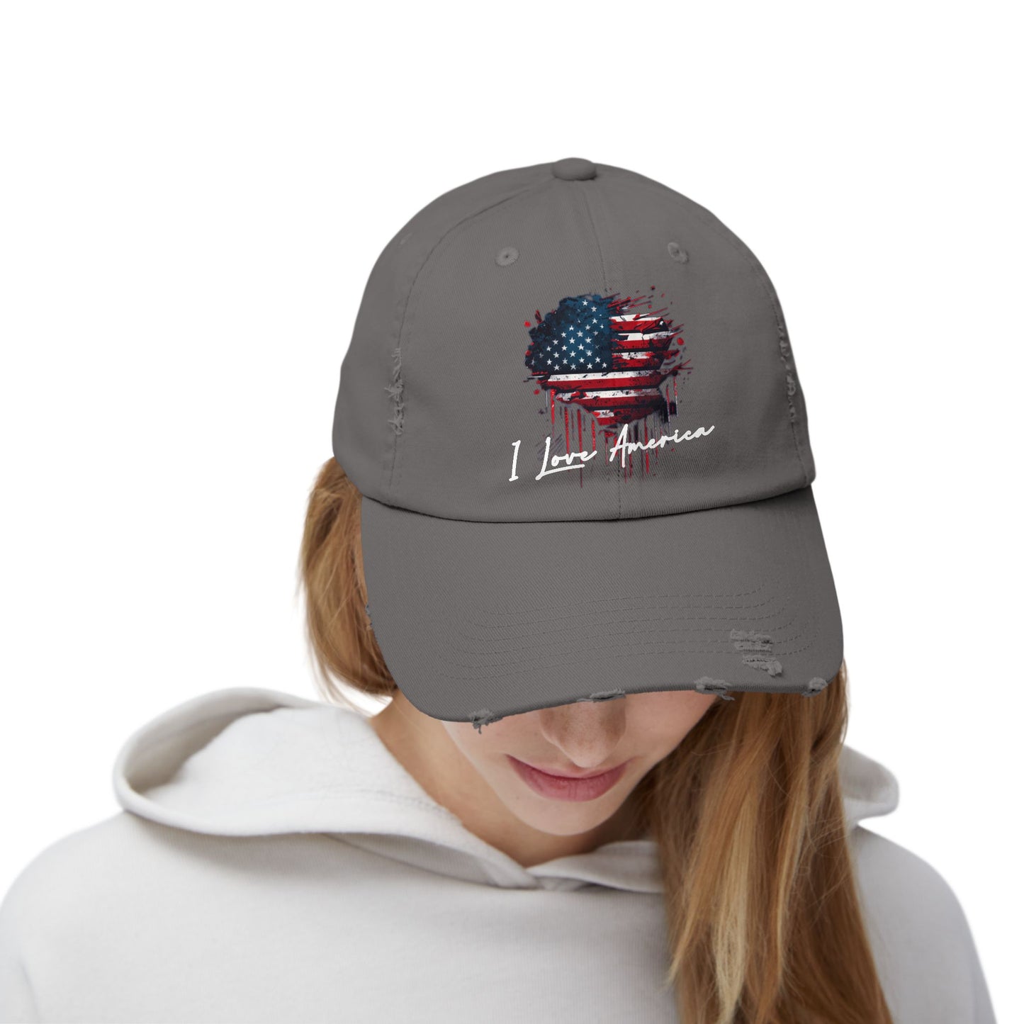 I Love America Heart Flag Unisex Distressed Cap
