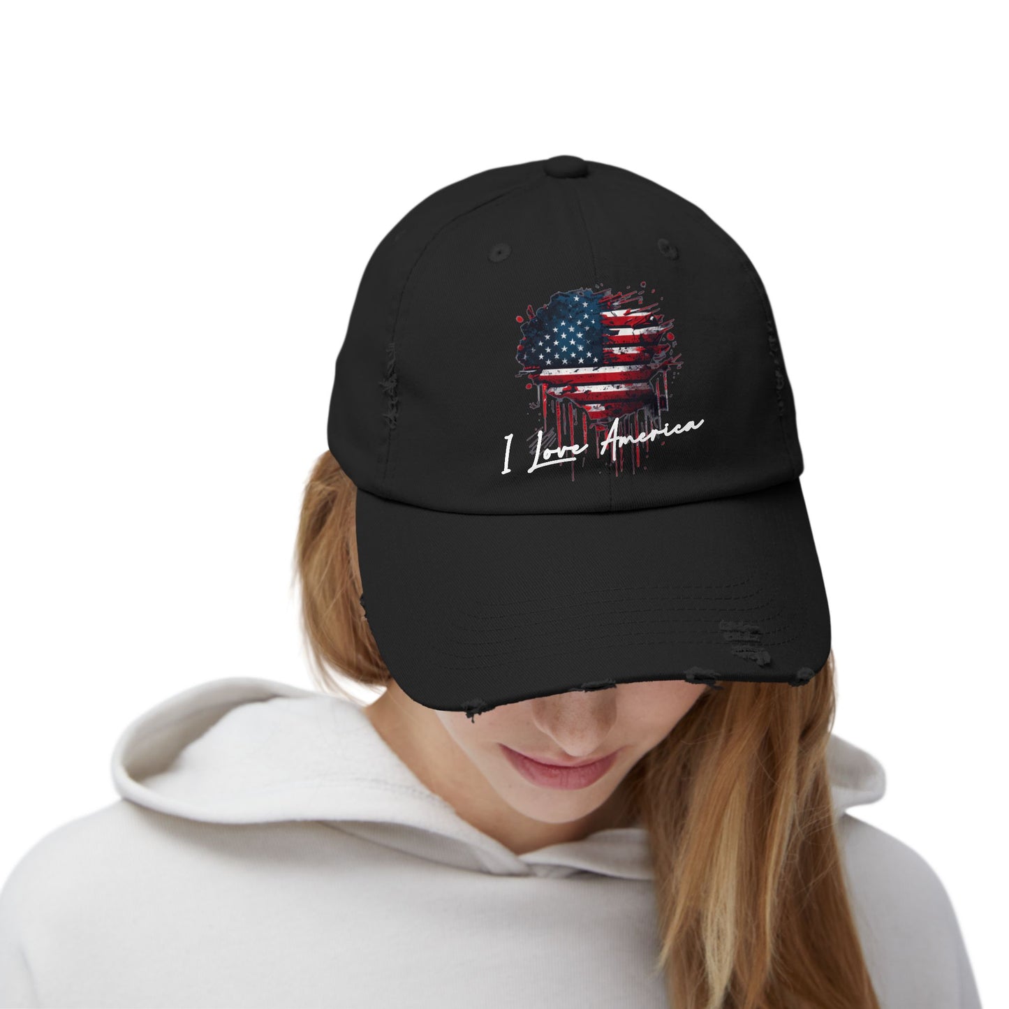 I Love America Heart Flag Unisex Distressed Cap
