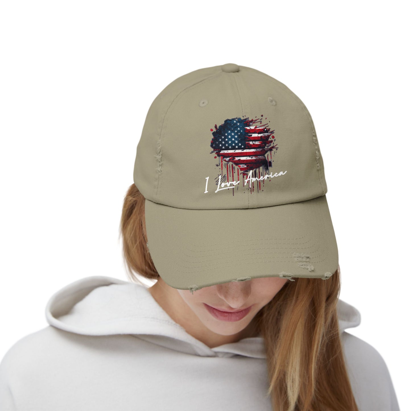I Love America Heart Flag Unisex Distressed Cap