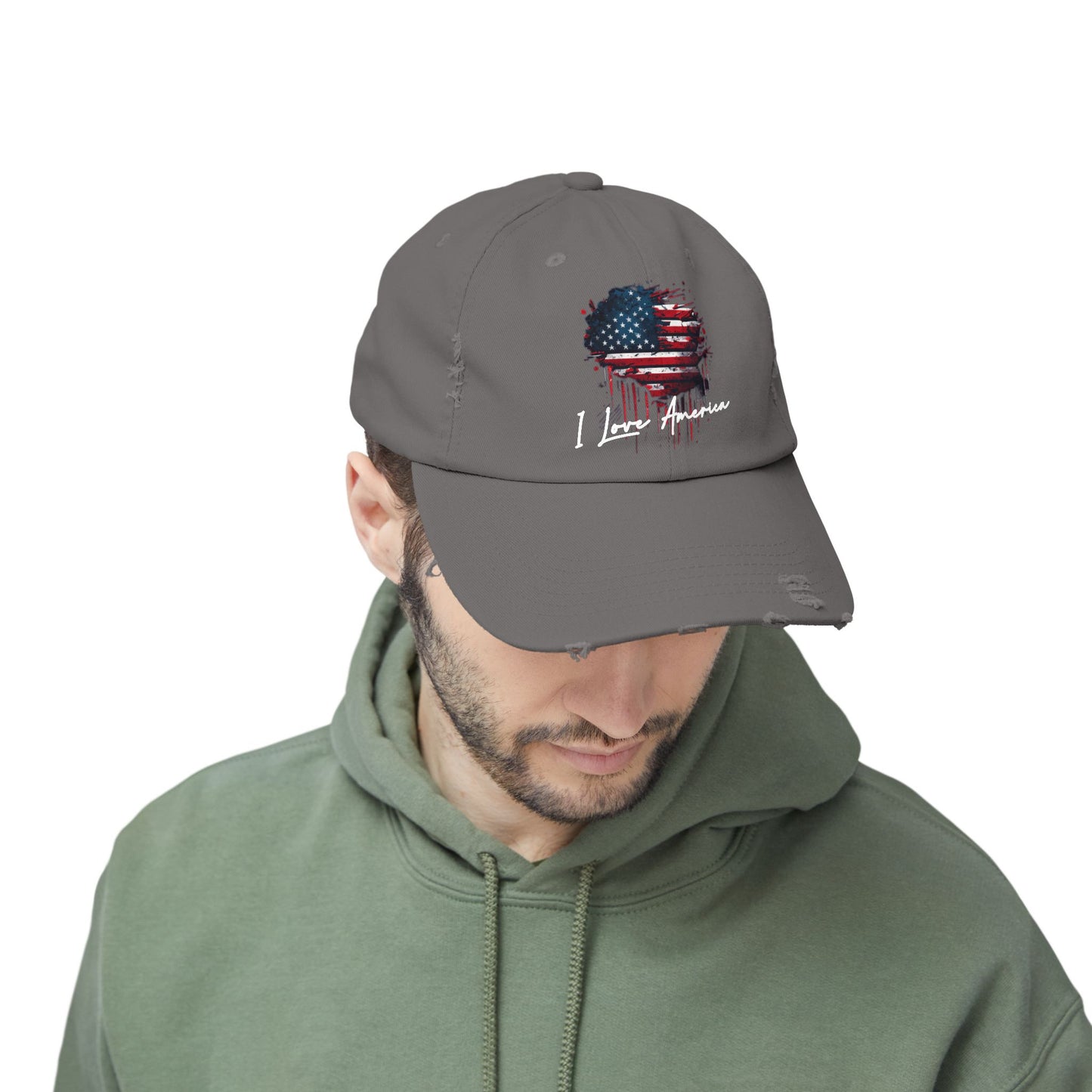 I Love America Heart Flag Unisex Distressed Cap