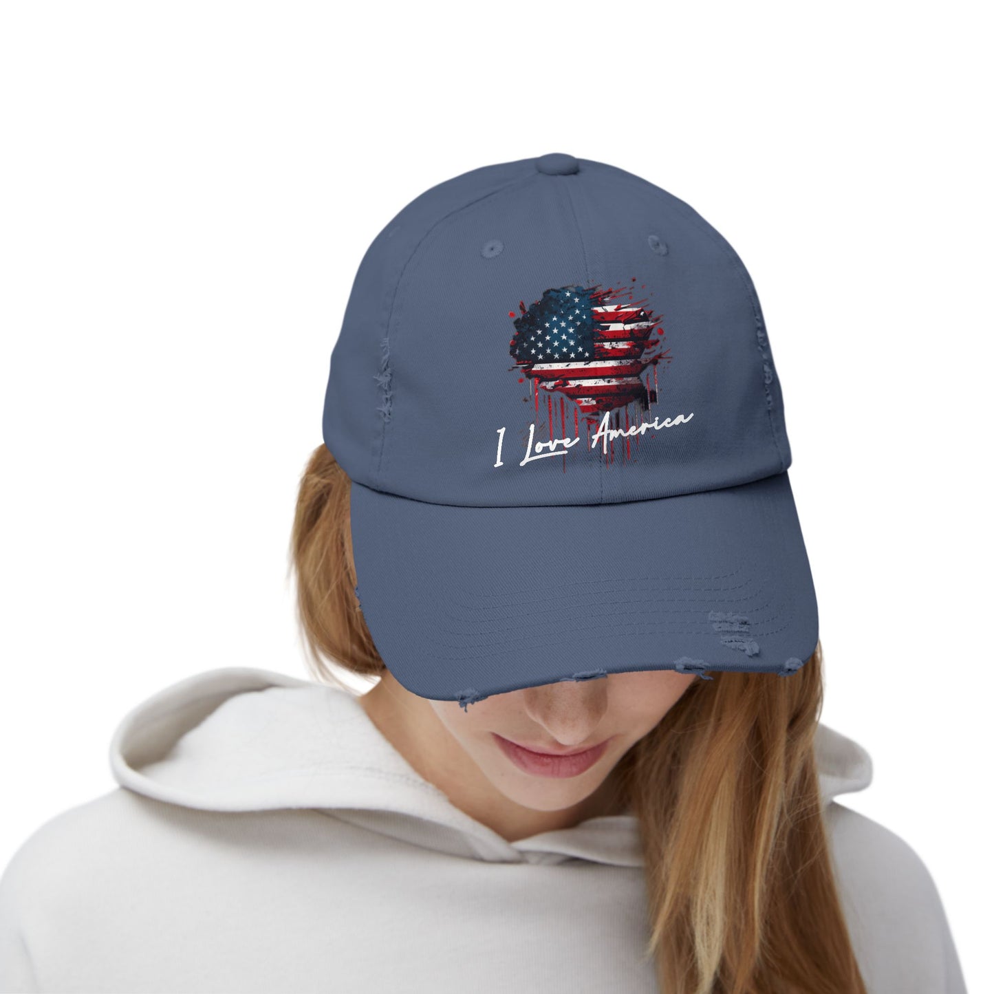 I Love America Heart Flag Unisex Distressed Cap